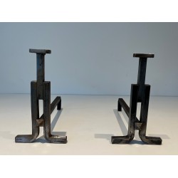 Pair of Modernist Cast Iron and Wrought Iron Andirons, French Work, Circa 1950