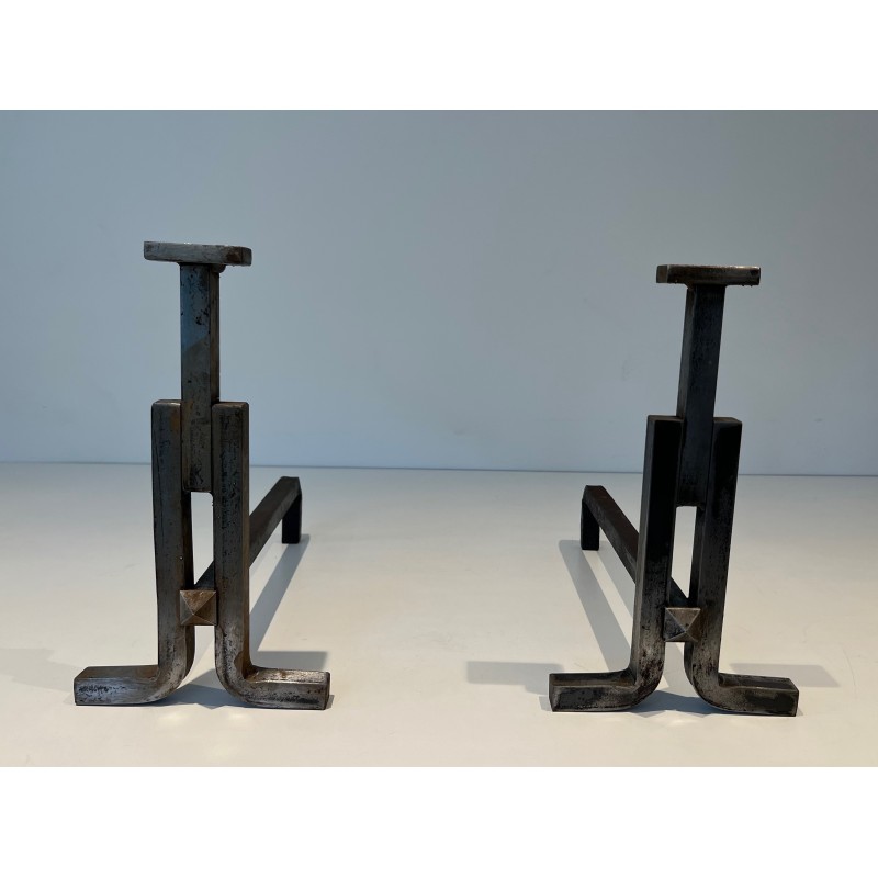 Pair of Modernist Cast Iron and Wrought Iron Andirons, French Work, Circa 1950