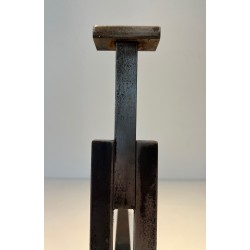 Paire de Chenets Modernistes en Fonte et Fer Forgé, Travail Français, Vers 1950