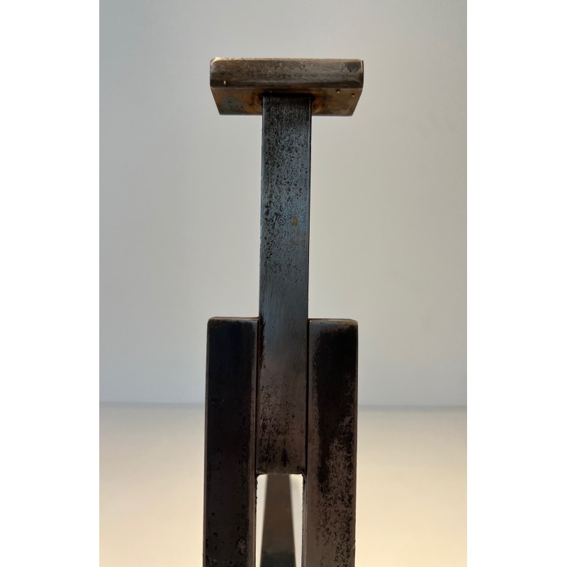 Pair of Modernist Cast Iron and Wrought Iron Andirons, French Work, Circa 1950