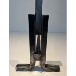 Paire de Chenets Modernistes en Fonte et Fer Forgé, Travail Français, Vers 1950