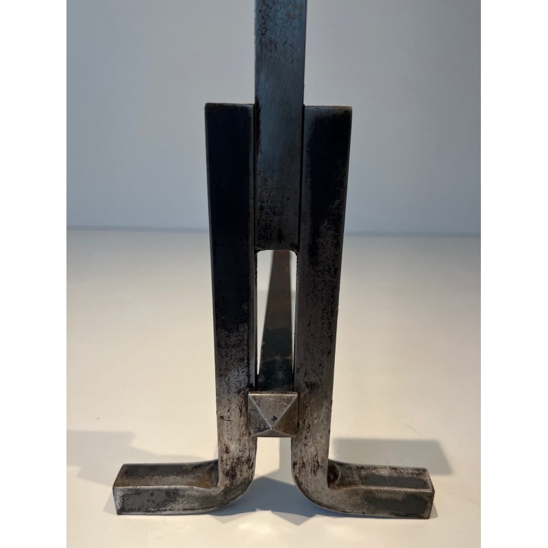 Paire de Chenets Modernistes en Fonte et Fer Forgé, Travail Français, Vers 1950