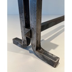 Pair of Modernist Cast Iron and Wrought Iron Andirons, French Work, Circa 1950