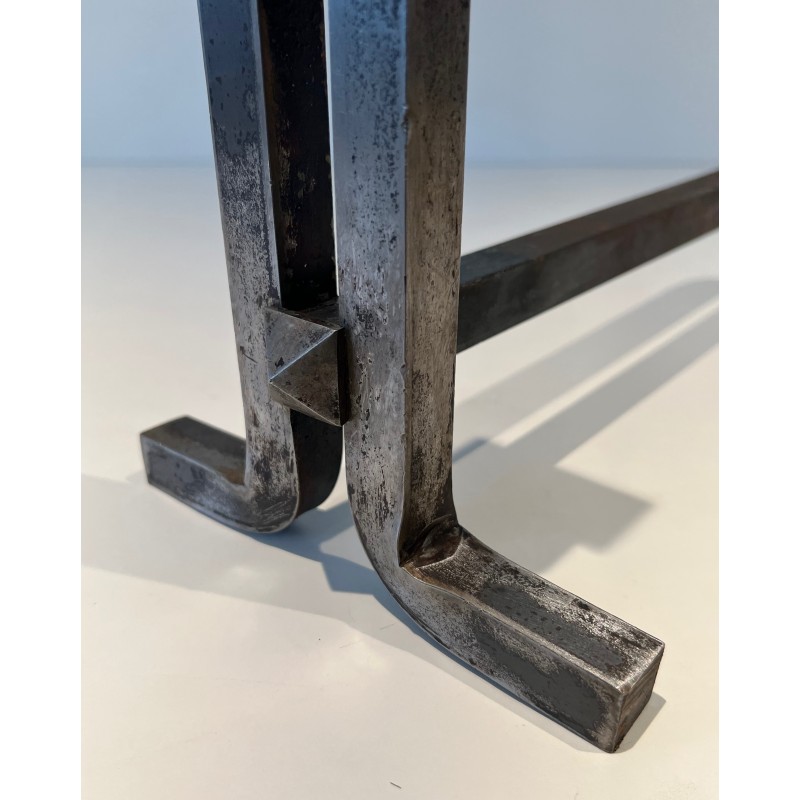 Paire de Chenets Modernistes en Fonte et Fer Forgé, Travail Français, Vers 1950