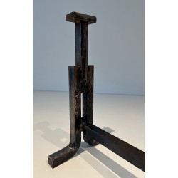 Paire de Chenets Modernistes en Fonte et Fer Forgé, Travail Français, Vers 1950