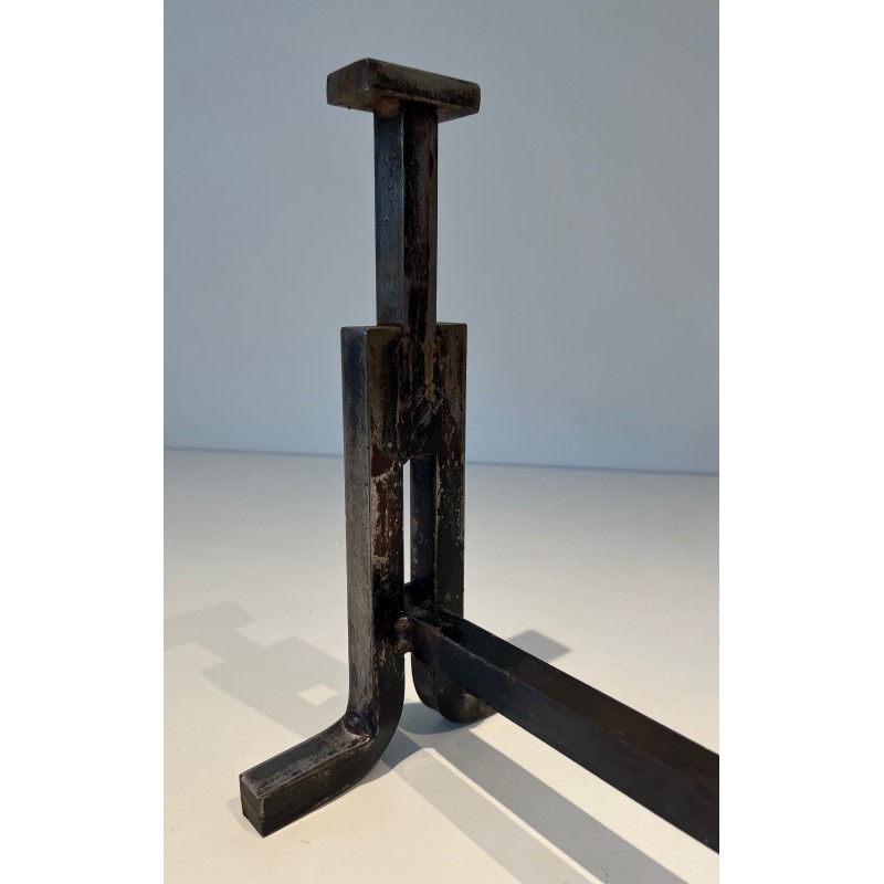 Pair of Modernist Cast Iron and Wrought Iron Andirons, French Work, Circa 1950