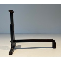 Paire de Chenets Modernistes en Fonte et Fer Forgé, Travail Français, Vers 1950