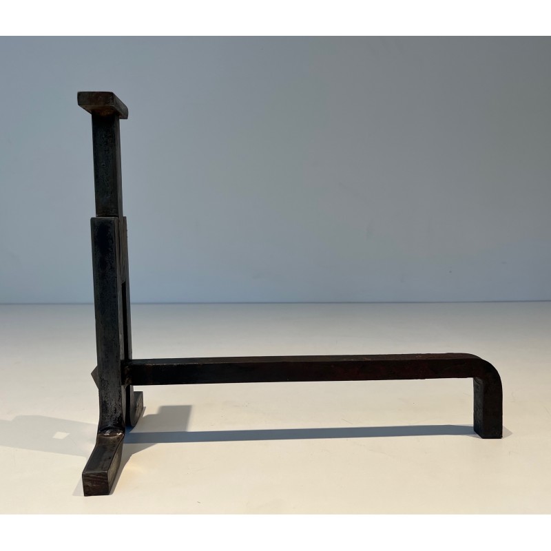 Paire de Chenets Modernistes en Fonte et Fer Forgé, Travail Français, Vers 1950