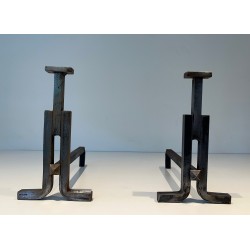 Paire de Chenets Modernistes en Fonte et Fer Forgé, Travail Français, Vers 1950