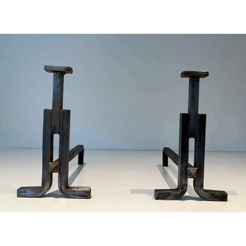 Paire de Chenets Modernistes en Fonte et Fer Forgé, Travail Français, Vers 1950