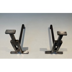 Pair of Modernist Cast Iron and Wrought Iron Andirons, French Work, Circa 1950
