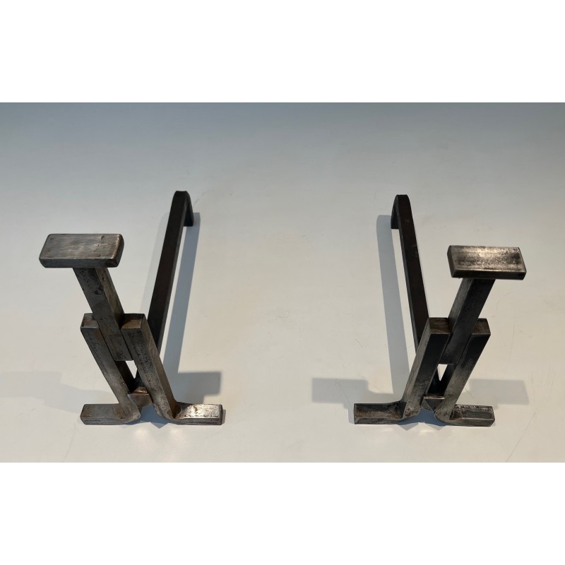 Pair of Modernist Cast Iron and Wrought Iron Andirons, French Work, Circa 1950