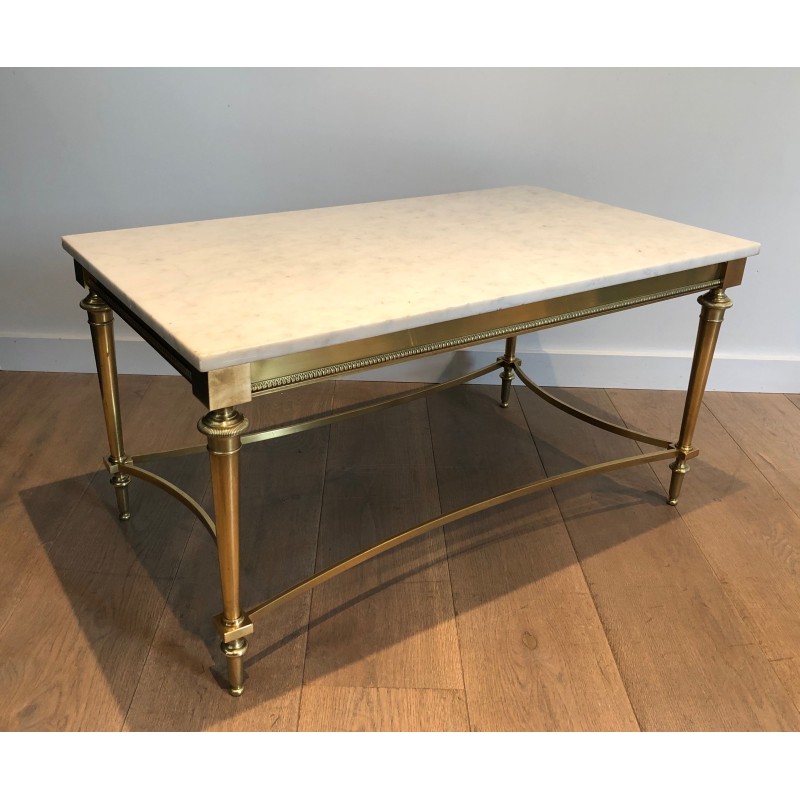 Neoclassical Brass Coffee Table with White Carrara Marble Top, French Work in the Style of Maison Ramsay, Circa 1940