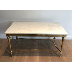 Neoclassical Brass Coffee Table with White Carrara Marble Top, French Work in the Style of Maison Ramsay, Circa 1940