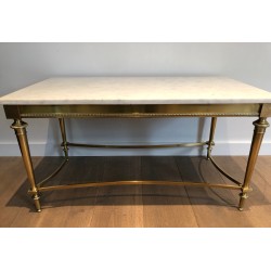 Neoclassical Brass Coffee Table with White Carrara Marble Top, French Work in the Style of Maison Ramsay, Circa 1940