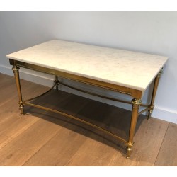 Neoclassical Brass Coffee Table with White Carrara Marble Top, French Work in the Style of Maison Ramsay, Circa 1940