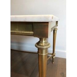 Neoclassical Brass Coffee Table with White Carrara Marble Top, French Work in the Style of Maison Ramsay, Circa 1940
