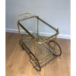 Table Roulante Néoclassique en Laiton à Double Plateaux Amovibles, Maison Baguès, Travail Français, Vers 1940