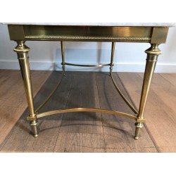 Neoclassical Brass Coffee Table with White Carrara Marble Top, French Work in the Style of Maison Ramsay, Circa 1940