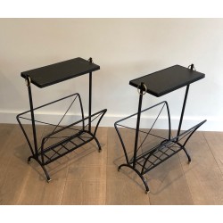 Paire de Bouts de Canapé-Porte-Revues en Métal Laqué Noir Attribués à Jacques Adnet