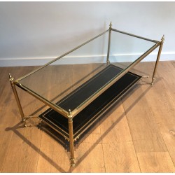 Table Basse Néoclassique en Laiton et Plateau en Cuir Noir à Bordure Dorée, Maison Jansen, Travail Français, Vers 1940