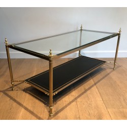 Table Basse Néoclassique en Laiton et Plateau en Cuir Noir à Bordure Dorée, Maison Jansen, Travail Français, Vers 1940