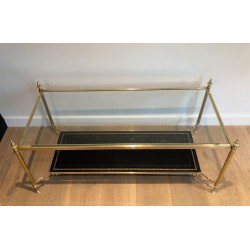 Table Basse Néoclassique en Laiton et Plateau en Cuir Noir à Bordure Dorée, Maison Jansen, Travail Français, Vers 1940
