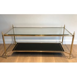 Table Basse Néoclassique en Laiton et Plateau en Cuir Noir à Bordure Dorée, Maison Jansen, Travail Français, Vers 1940