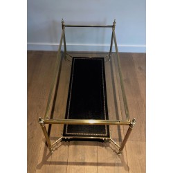 Table Basse Néoclassique en Laiton et Plateau en Cuir Noir à Bordure Dorée, Maison Jansen, Travail Français, Vers 1940