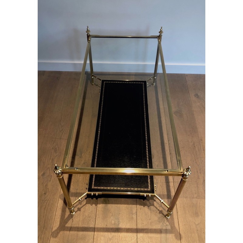 Neoclassical Brass Coffee Table with Black Leather Shelf by Maison Jansen, French Work, Circa 1940