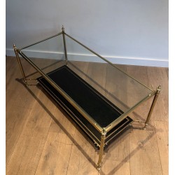 Table Basse Néoclassique en Laiton et Plateau en Cuir Noir à Bordure Dorée, Maison Jansen, Travail Français, Vers 1940