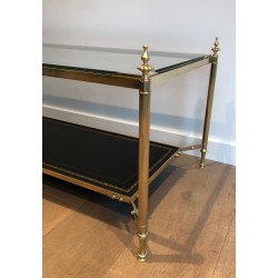 Neoclassical Brass Coffee Table with Black Leather Shelf by Maison Jansen, French Work, Circa 1940