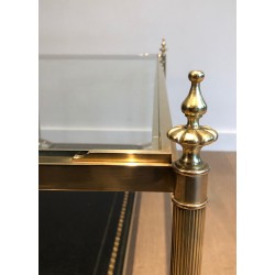 Neoclassical Brass Coffee Table with Black Leather Shelf by Maison Jansen, French Work, Circa 1940