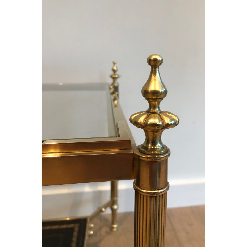 Neoclassical Brass Coffee Table with Black Leather Shelf by Maison Jansen, French Work, Circa 1940