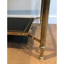 Table Basse Néoclassique en Laiton et Plateau en Cuir Noir à Bordure Dorée, Maison Jansen, Travail Français, Vers 1940