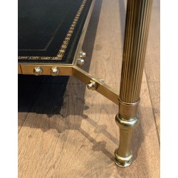 Table Basse Néoclassique en Laiton et Plateau en Cuir Noir à Bordure Dorée, Maison Jansen, Travail Français, Vers 1940