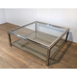 Grande Table Basse Carrée Chromée, Travail Français, Vers 1970