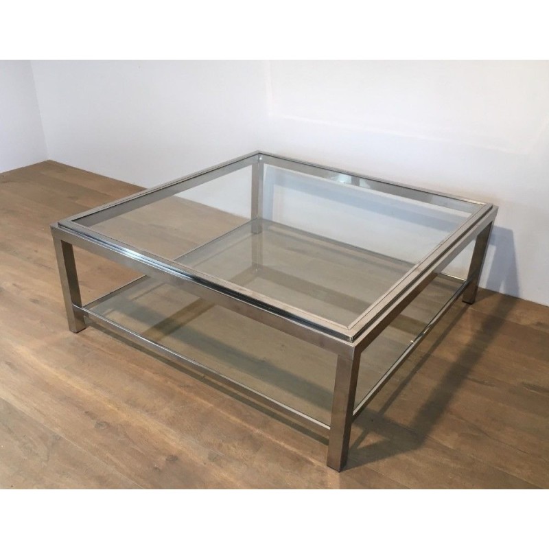 Grande Table Basse Carrée Chromée, Travail Français, Vers 1970