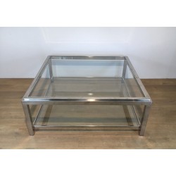 Grande Table Basse Carrée Chromée, Travail Français, Vers 1970