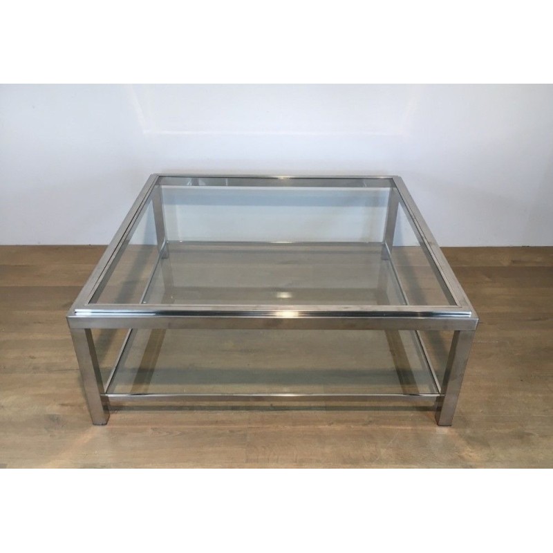 Grande Table Basse Carrée Chromée, Travail Français, Vers 1970