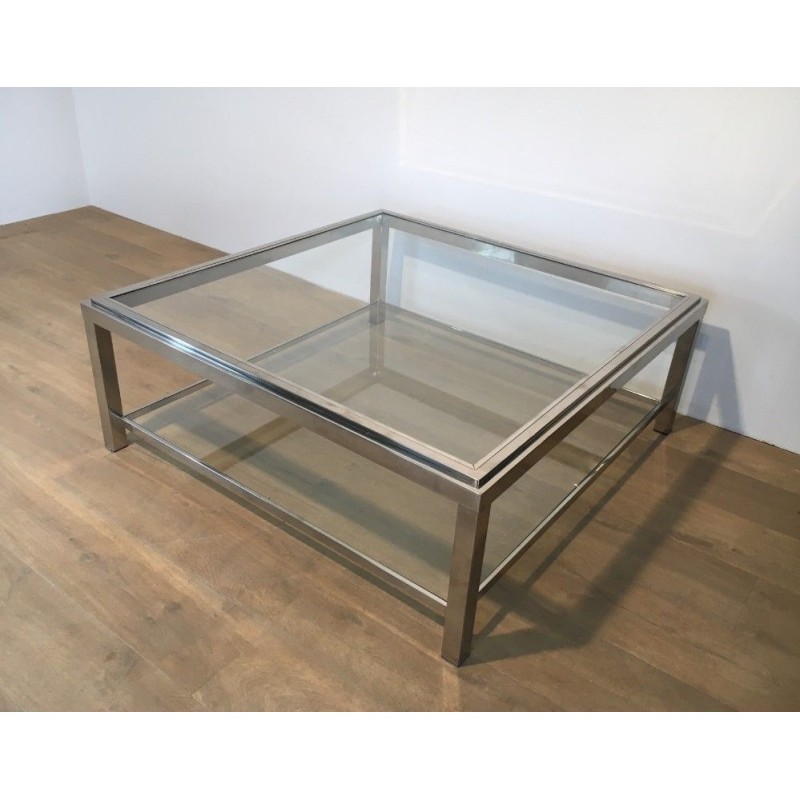 Grande Table Basse Carrée Chromée, Travail Français, Vers 1970