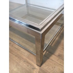Grande Table Basse Carrée Chromée, Travail Français, Vers 1970
