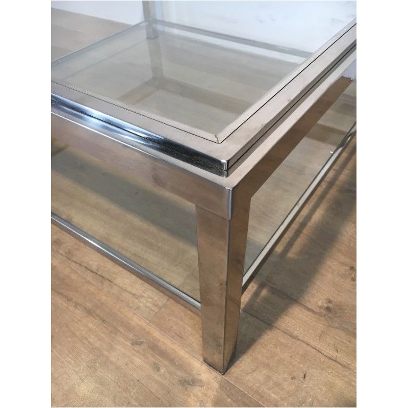 Grande Table Basse Carrée Chromée, Travail Français, Vers 1970