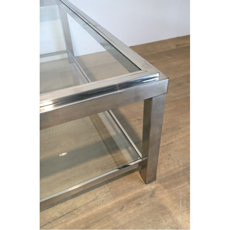 Grande Table Basse Carrée Chromée, Travail Français, Vers 1970