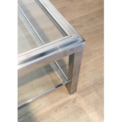 Grande Table Basse Carrée Chromée, Travail Français, Vers 1970