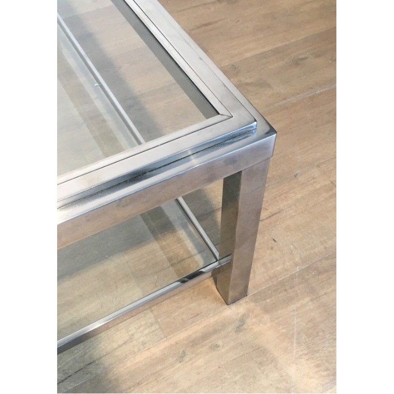 Grande Table Basse Carrée Chromée, Travail Français, Vers 1970