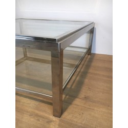 Grande Table Basse Carrée Chromée, Travail Français, Vers 1970