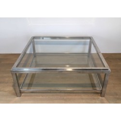 Grande Table Basse Carrée Chromée, Travail Français, Vers 1970