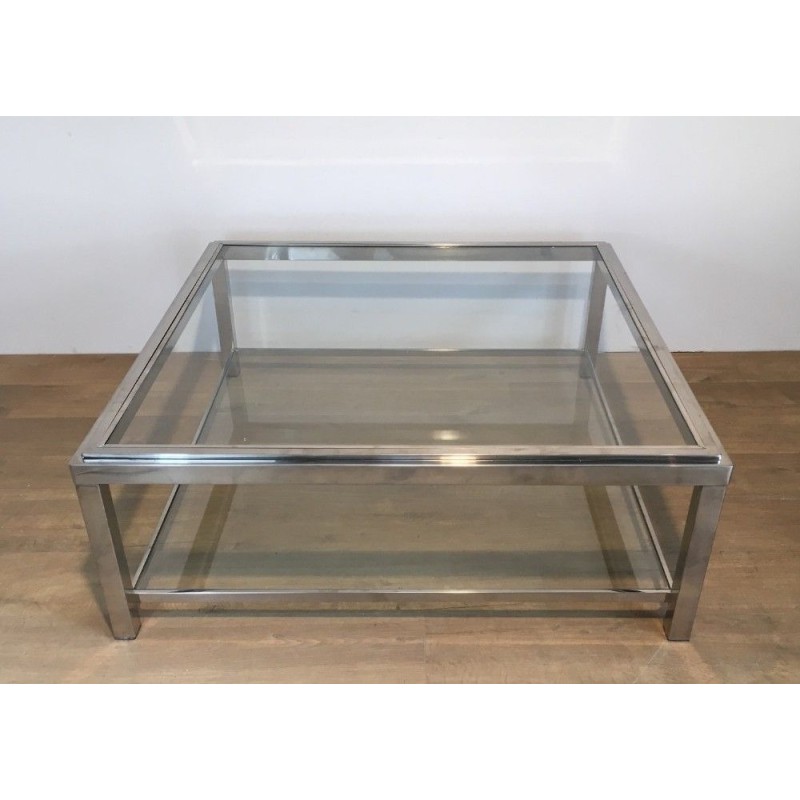Grande Table Basse Carrée Chromée, Travail Français, Vers 1970