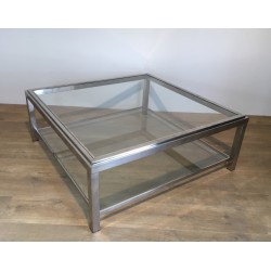 Grande Table Basse Carrée Chromée, Travail Français, Vers 1970
